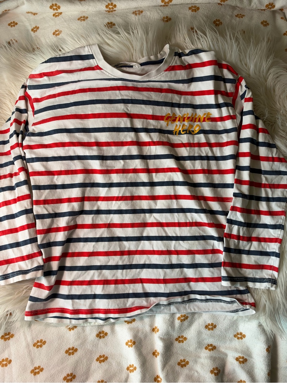 H&M White Long Sleeve Tee with Red & Navy Stripes and Yellow Chest Script
